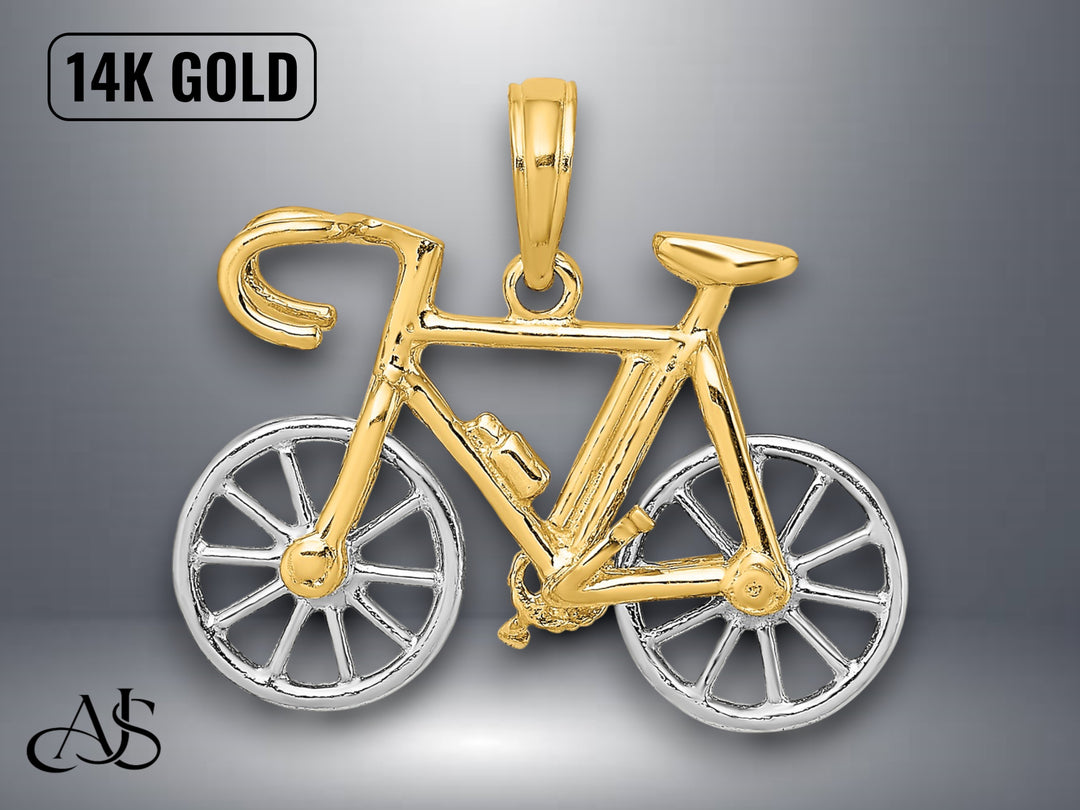 14K Two-Tone Gold 3-D Ten Speed Bicycle Charm with Necklace Chain Options