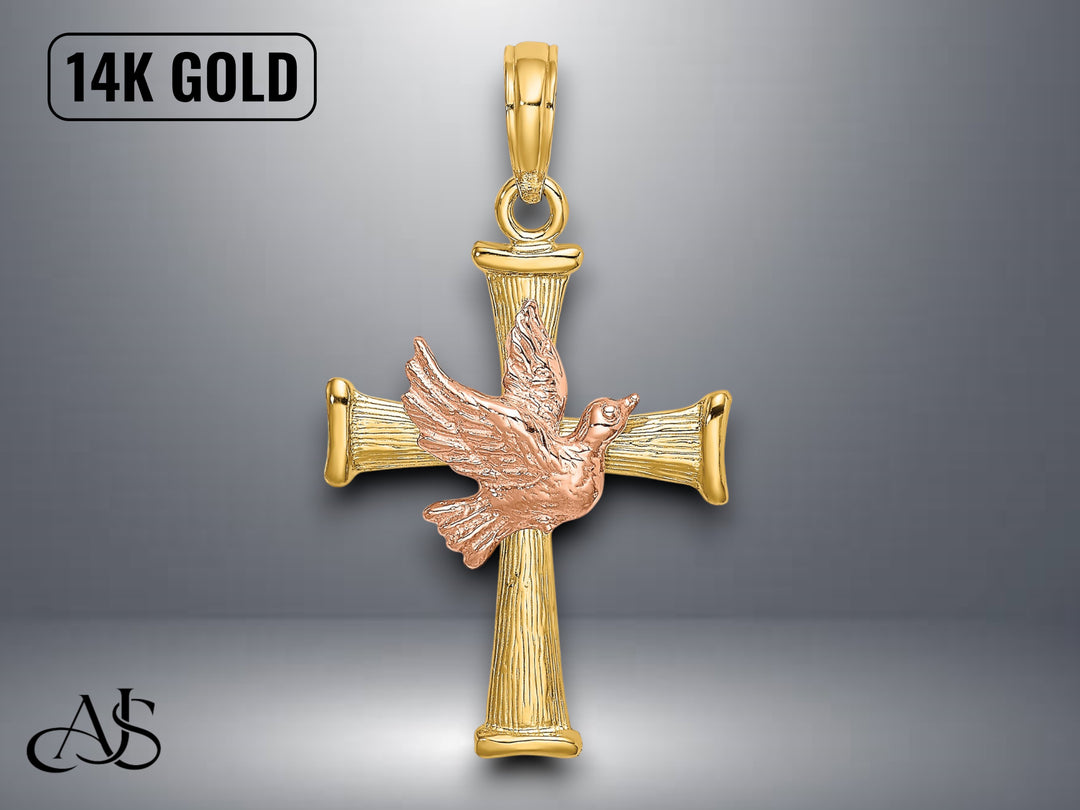 14K Two-Tone Gold Textured Finish Cross Dove Charm with Necklace Chain Options