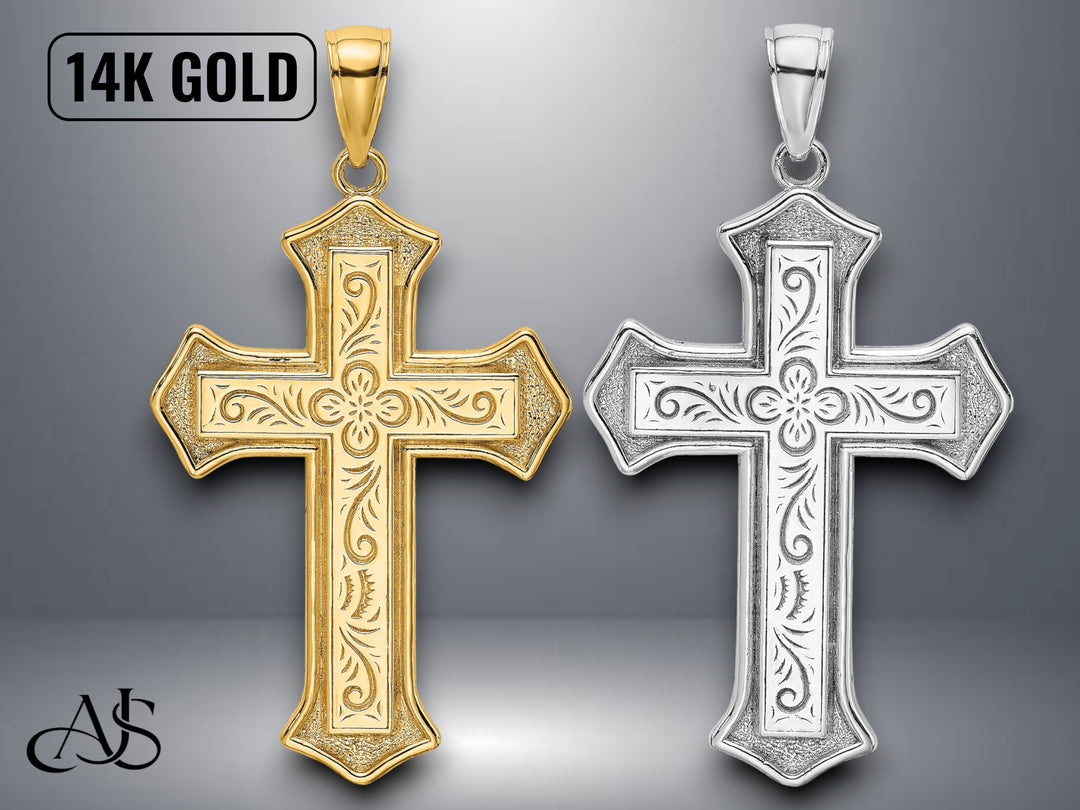 14K Yellow White Gold 2-D Filigree Center Block Cross Charm with Necklace Chain Options