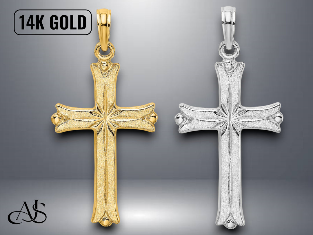 14K Yellow White Gold Cross Starburst Center Charm with Necklace Chain Options