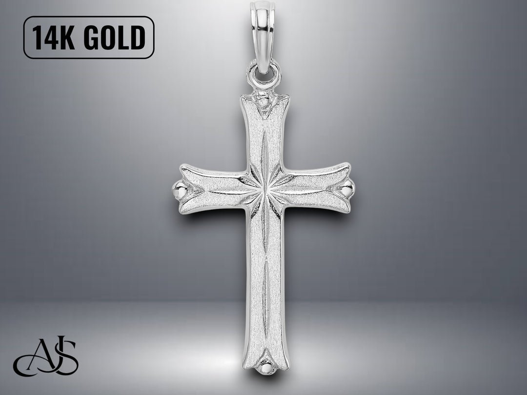 14K Yellow White Gold Cross Starburst Center Charm with Necklace Chain Options