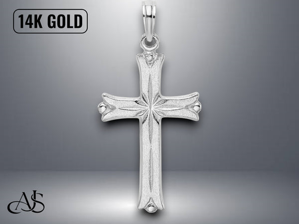 14K Yellow White Gold Cross Starburst Center Charm with Necklace Chain Options