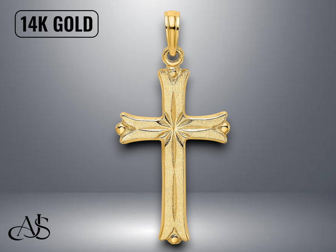 14K Yellow White Gold Cross Starburst Center Charm with Necklace Chain Options