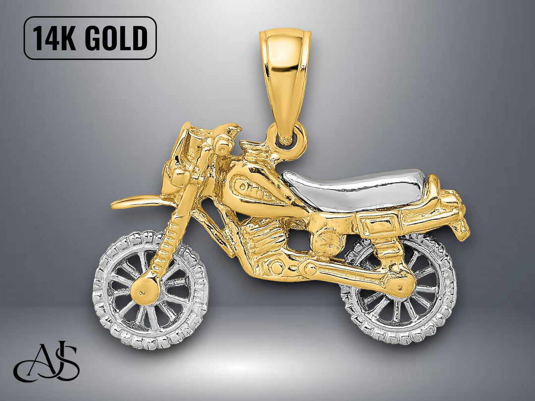 14K Two-Tone Gold 3-D Moveable Dirt Bike Motorcycle Charm with Necklace Chain Options