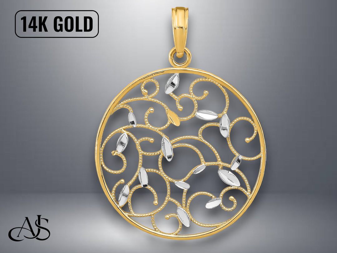 14K Two-Tone Gold Floral Medallion Pendant Charm with Necklace Chain Options