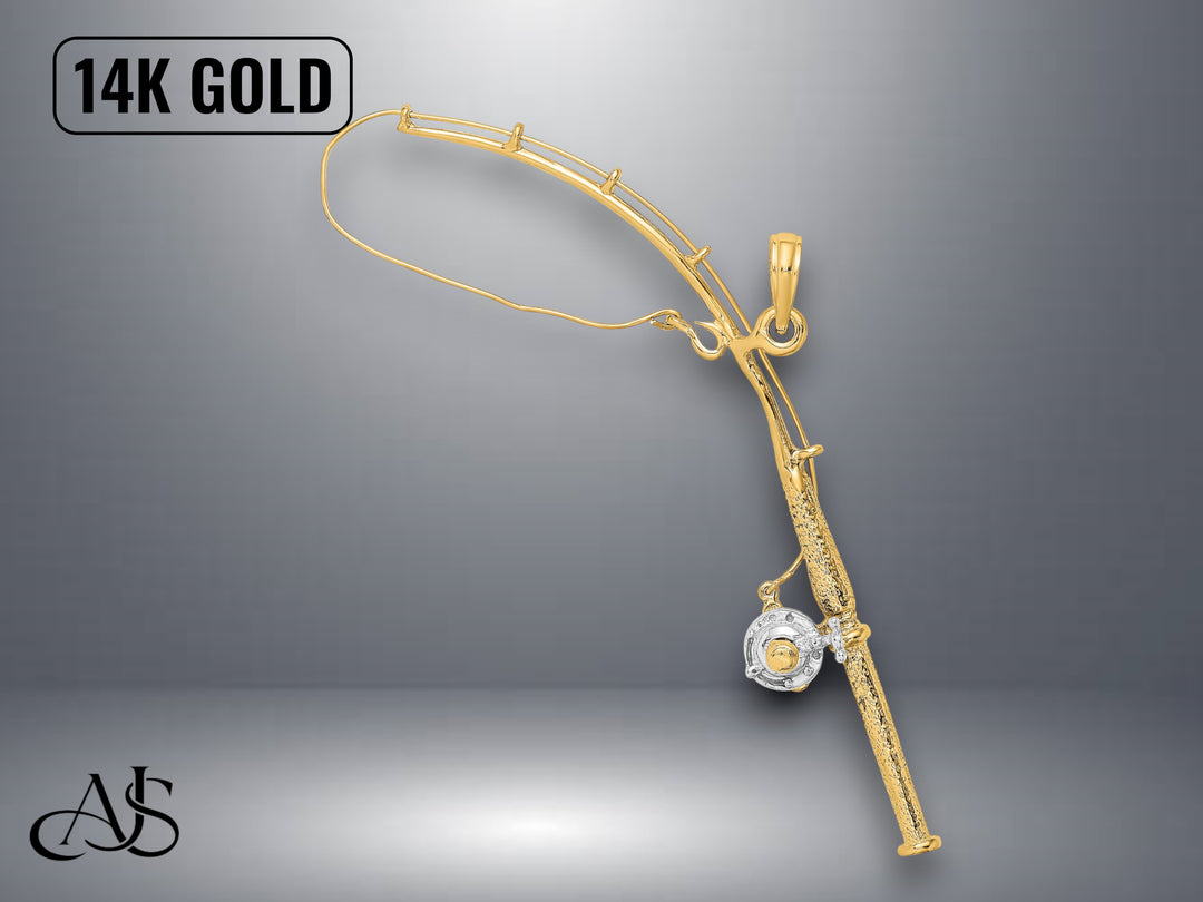 14K Yellow Gold 3-D Moveable Fishing Pole Reel Charm with Necklace Chain Options