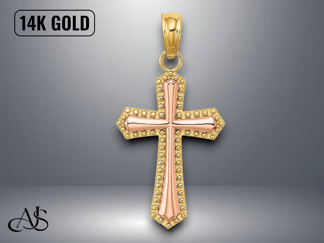 14K Two-Tone Gold Beaded Trim Cross Charm with Necklace Chain Options