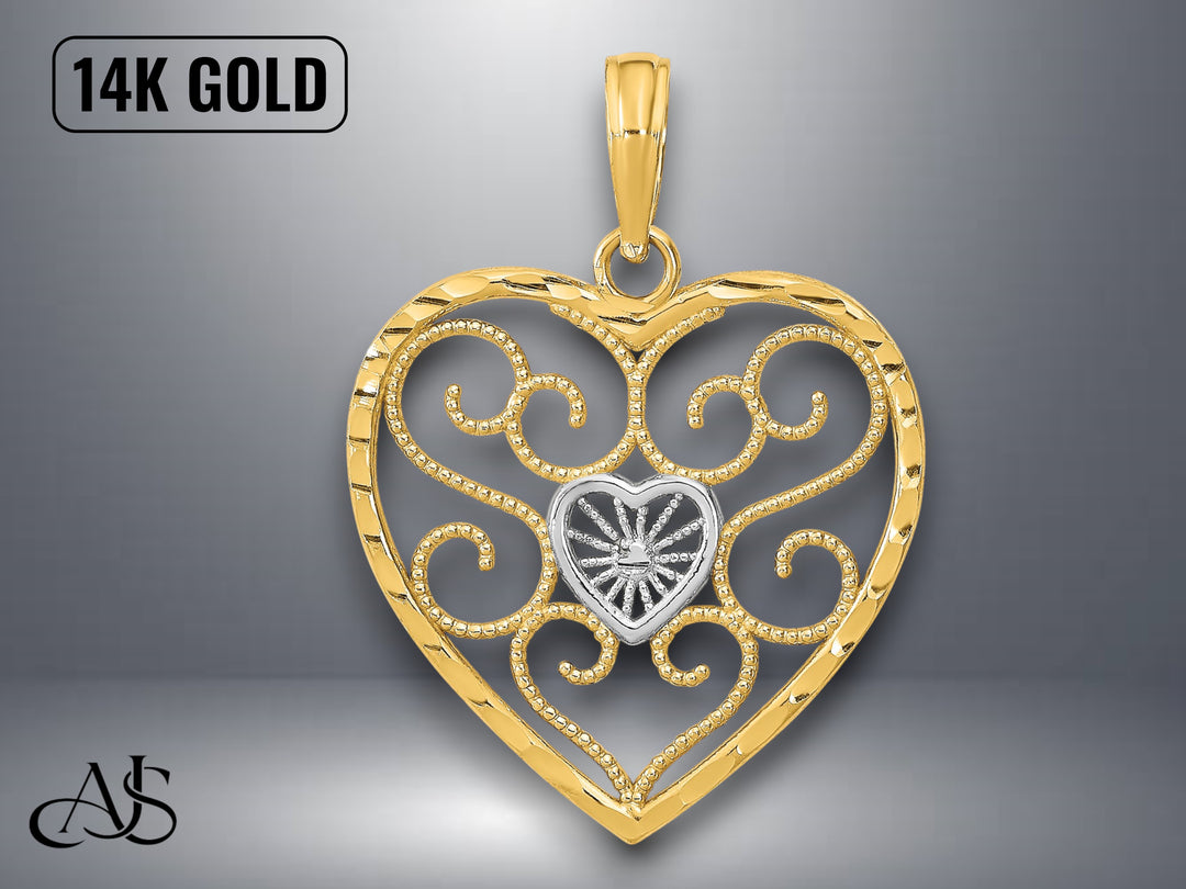 14K Yellow Gold Filigree Beaded Heart Charm with Necklace Chain Options