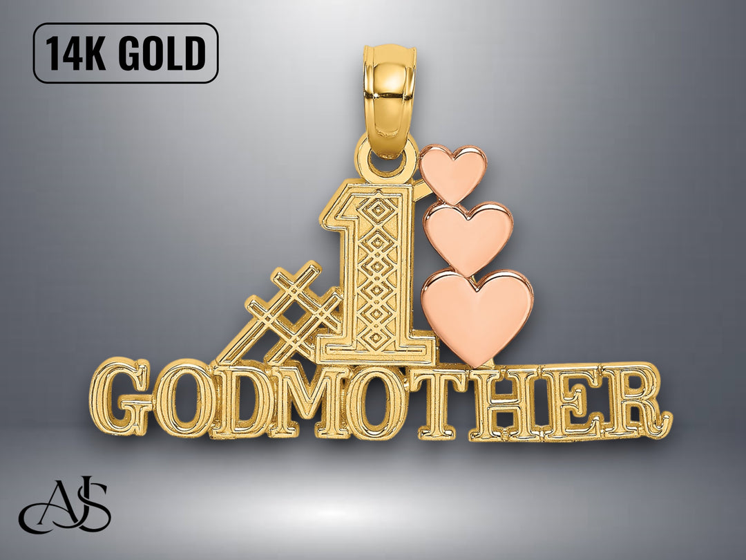 14K Two-Tone Gold Polished #1 GODMOTHER and Hearts Pendant with Necklace Chain Options