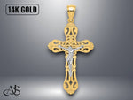 Load image into Gallery viewer, 14K Two-Tone Gold Crucifix Scrolled Tips Charm with Necklace Chain Options
