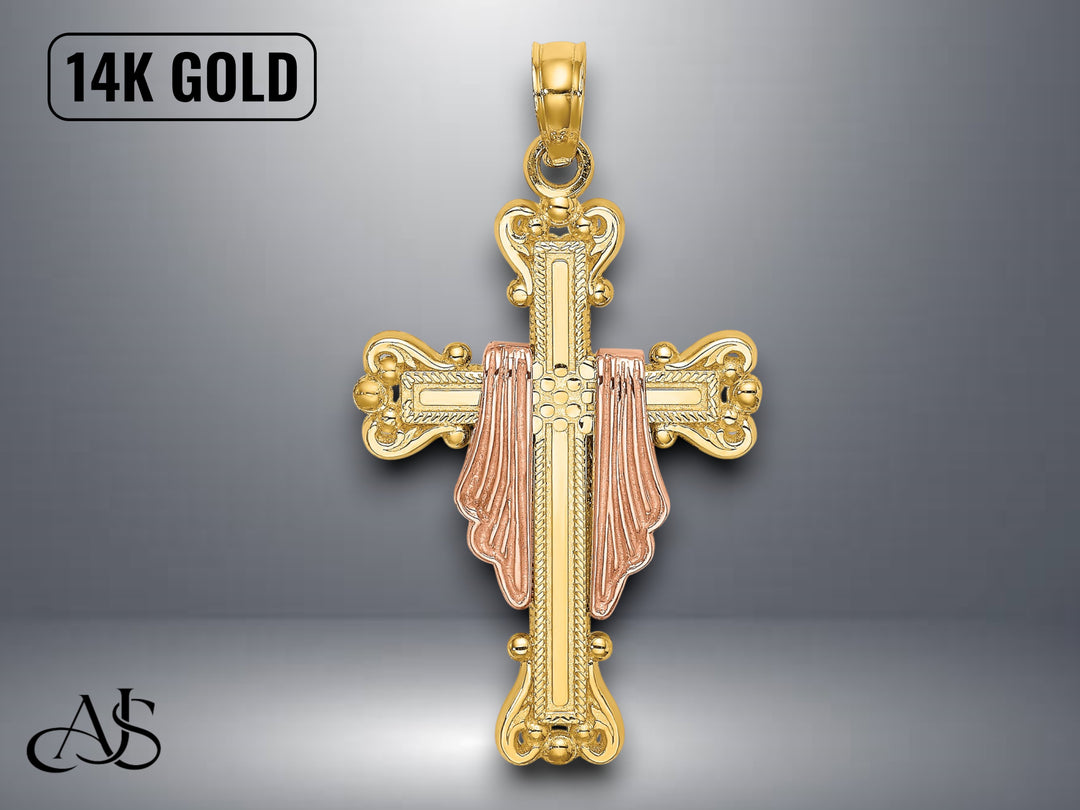 14K Two-Tone Gold Cross Drape Charm with Necklace Chain Options