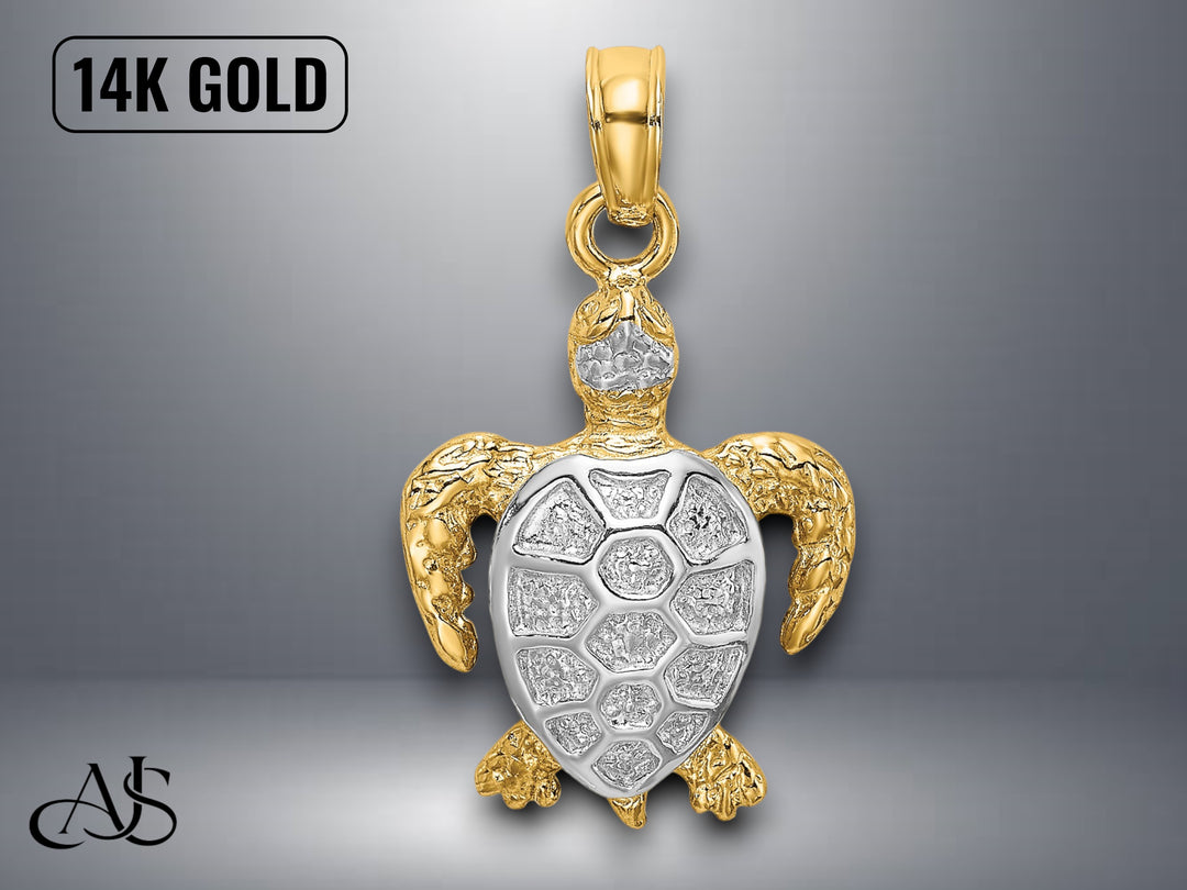 14K Yellow Gold Swimming Sea Turtle Charm with Necklace Chain Options