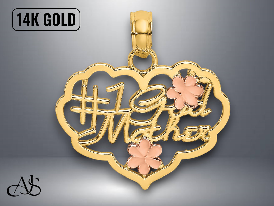14K Two-Tone Gold Diamond-cut #1 GOD MOTHER In Heart Charm with Necklace Chain Options