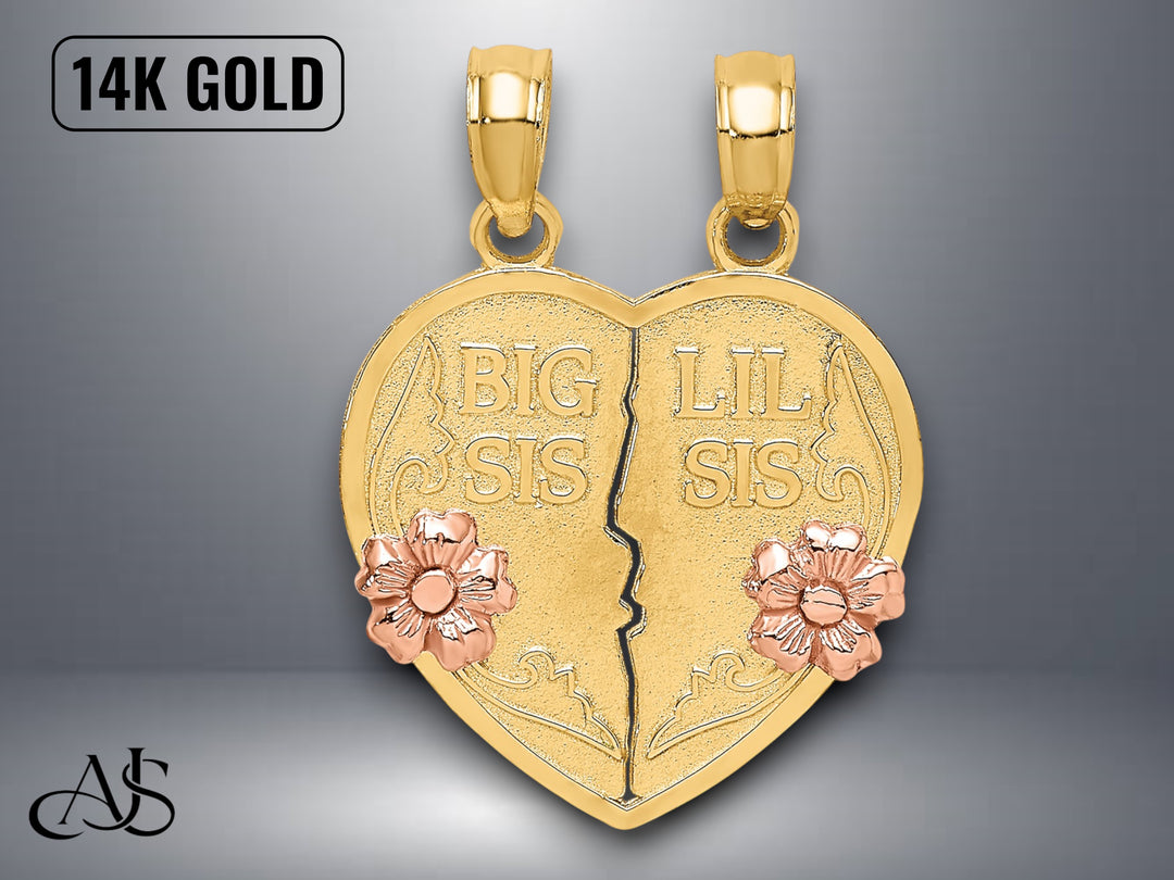 14K Two-Tone Gold Big Sis-Lil Sis Break-apart Heart Charm with Necklace Chain Options