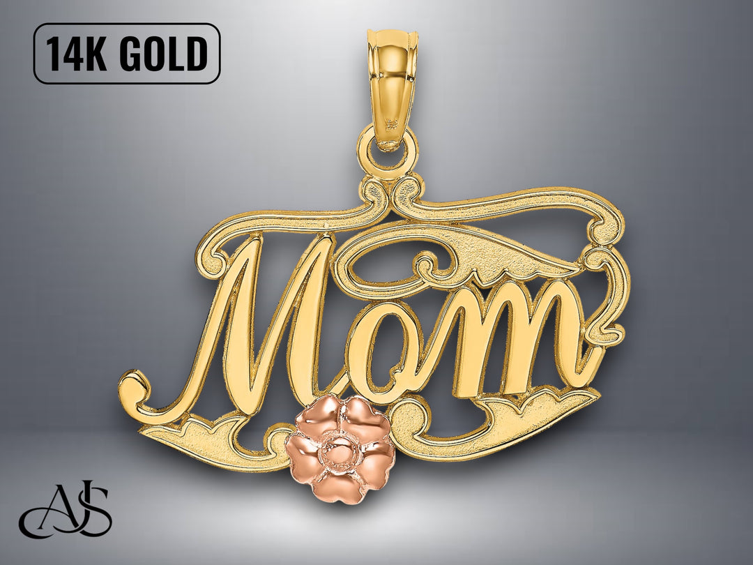 14K Two-Tone Gold MOM Script Flower Charm with Necklace Chain Options
