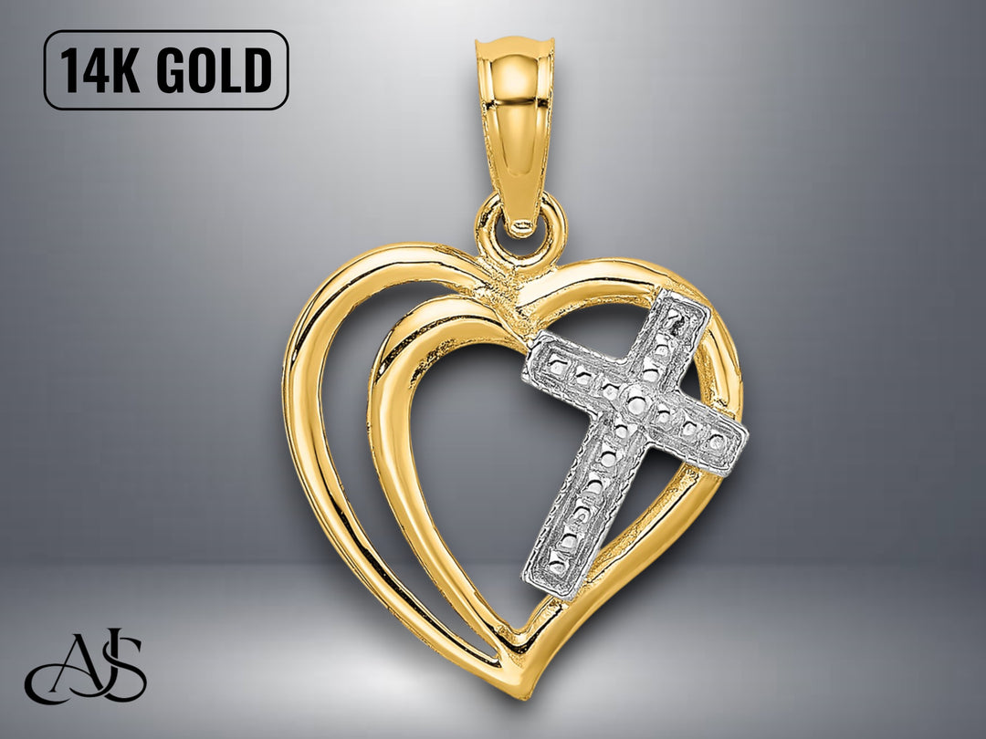 14K Yellow Gold Cross In Heart Charm with Necklace Chain Options