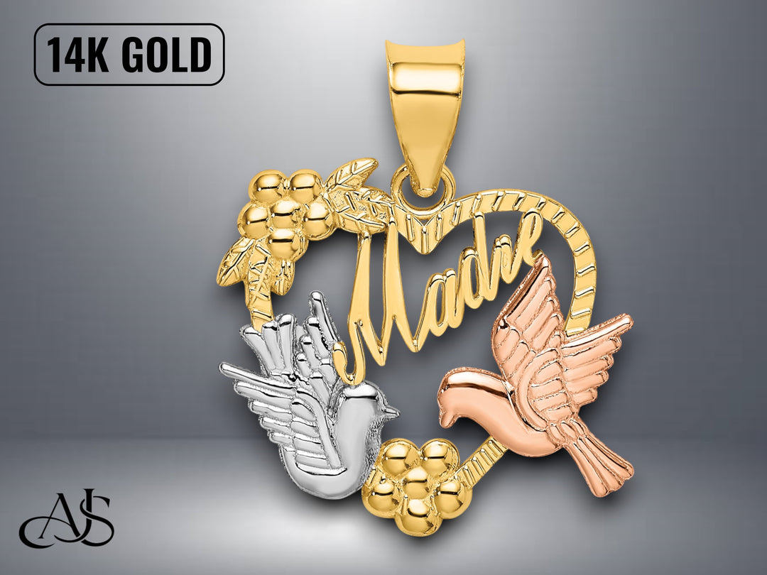 14K Two-Tone Gold MADRE Heart Doves Charm with Necklace Chain Options