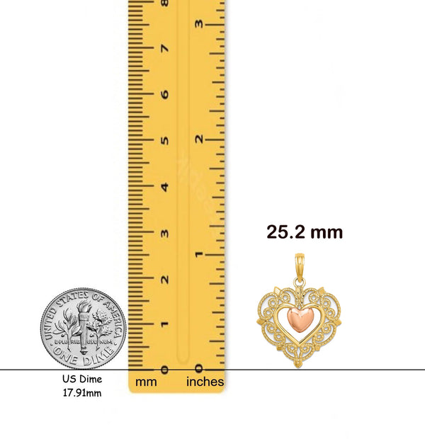 14K Yellow Rose Gold Heart Lace Trim Charm with Necklace Chain Options