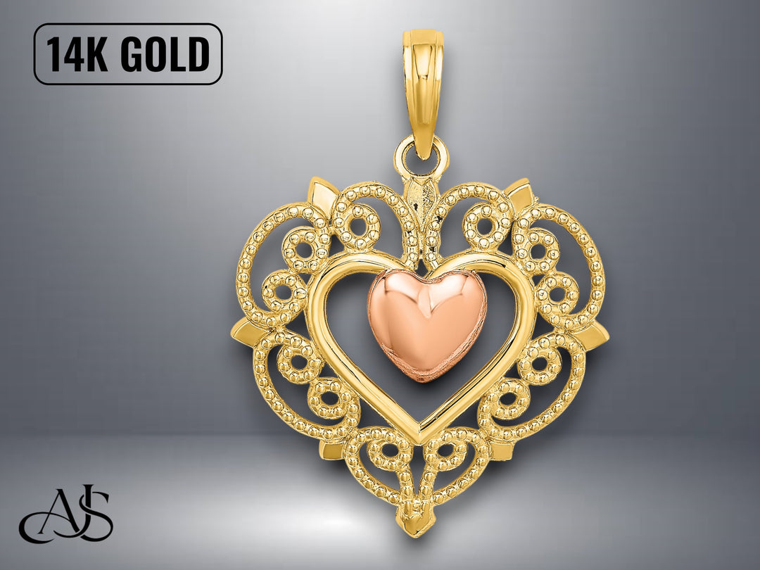 14K Yellow Rose Gold Heart Lace Trim Charm with Necklace Chain Options