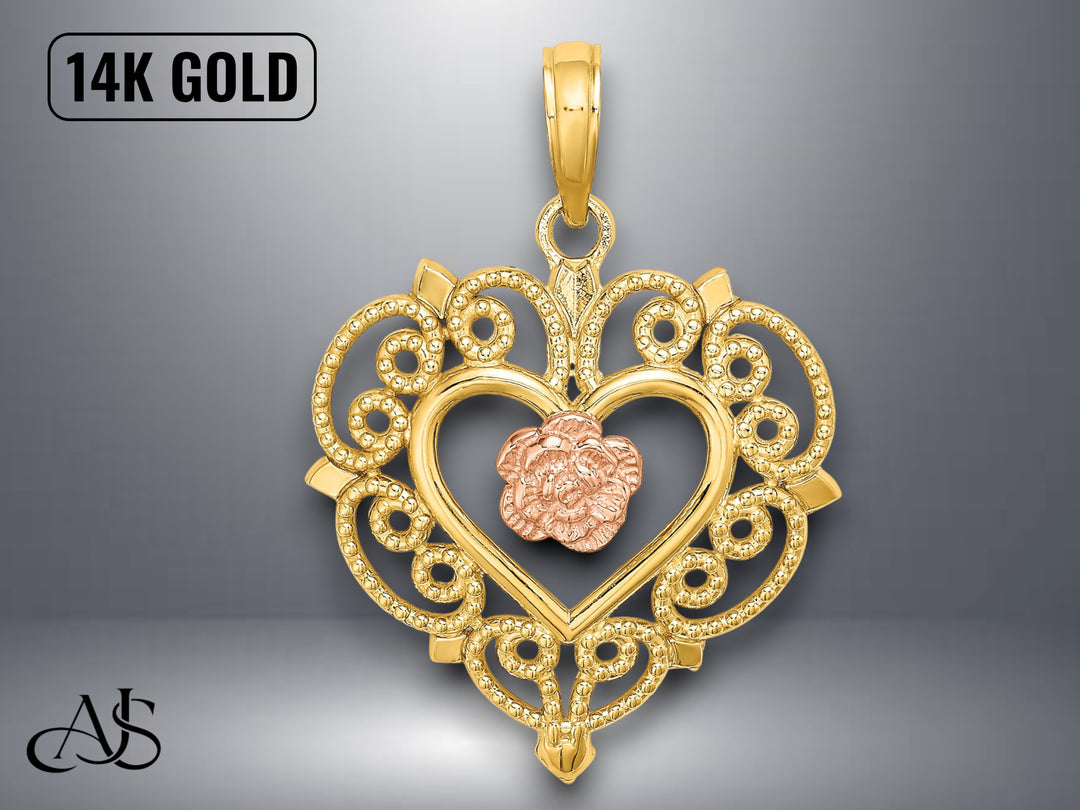 14K Yellow Rose Gold Flower and Heart Charm with Necklace Chain Options