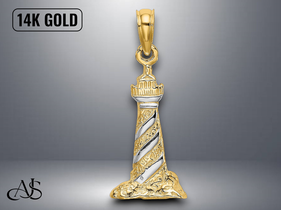 14K Yellow Gold 3-D Lighthouse Charm with Necklace Chain Options