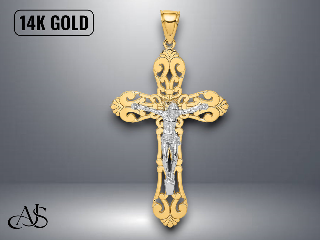 14K Two-Tone Gold Crucifix Charm with Necklace Chain Options