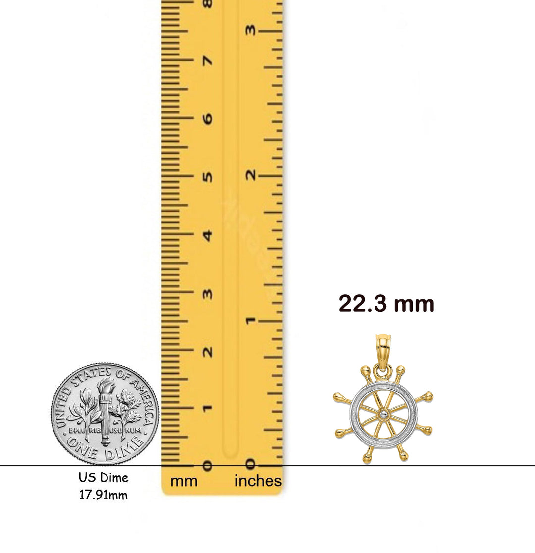 14K Yellow Gold 2-D Ship Wheel Charm with Necklace Chain Options