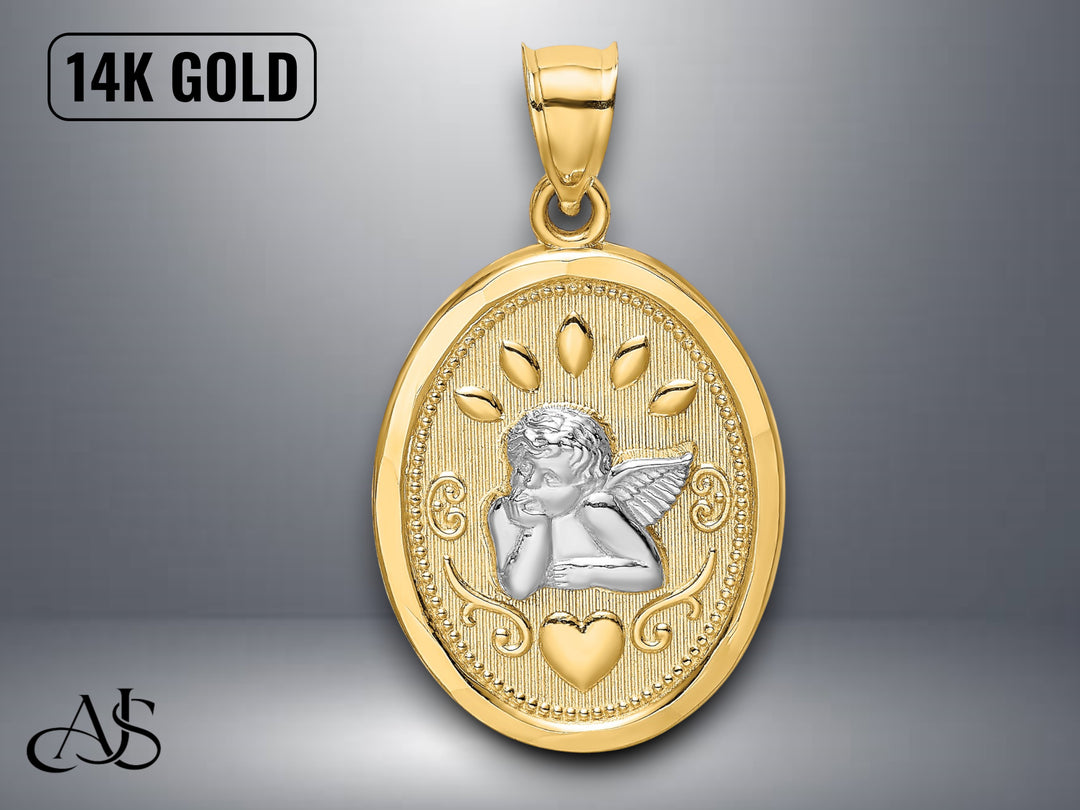 14K Yellow Gold Oval Cherub Heart Charm with Necklace Chain Options