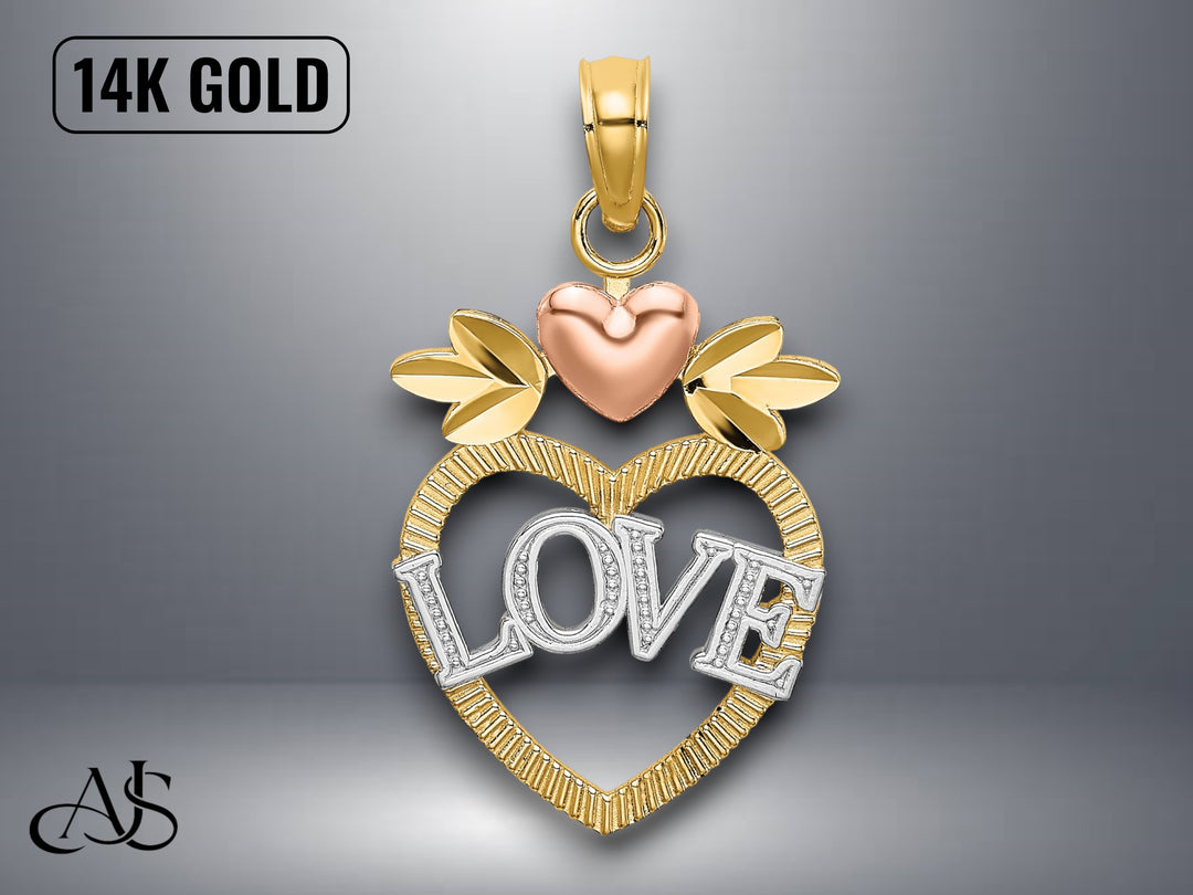14K Two-Tone Gold LOVE Inside Heart Pendant with Necklace Chain Options