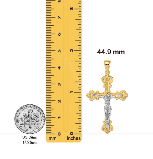 14K Two-Tone Gold Engraved Crucifix Charm with Necklace Chain Options