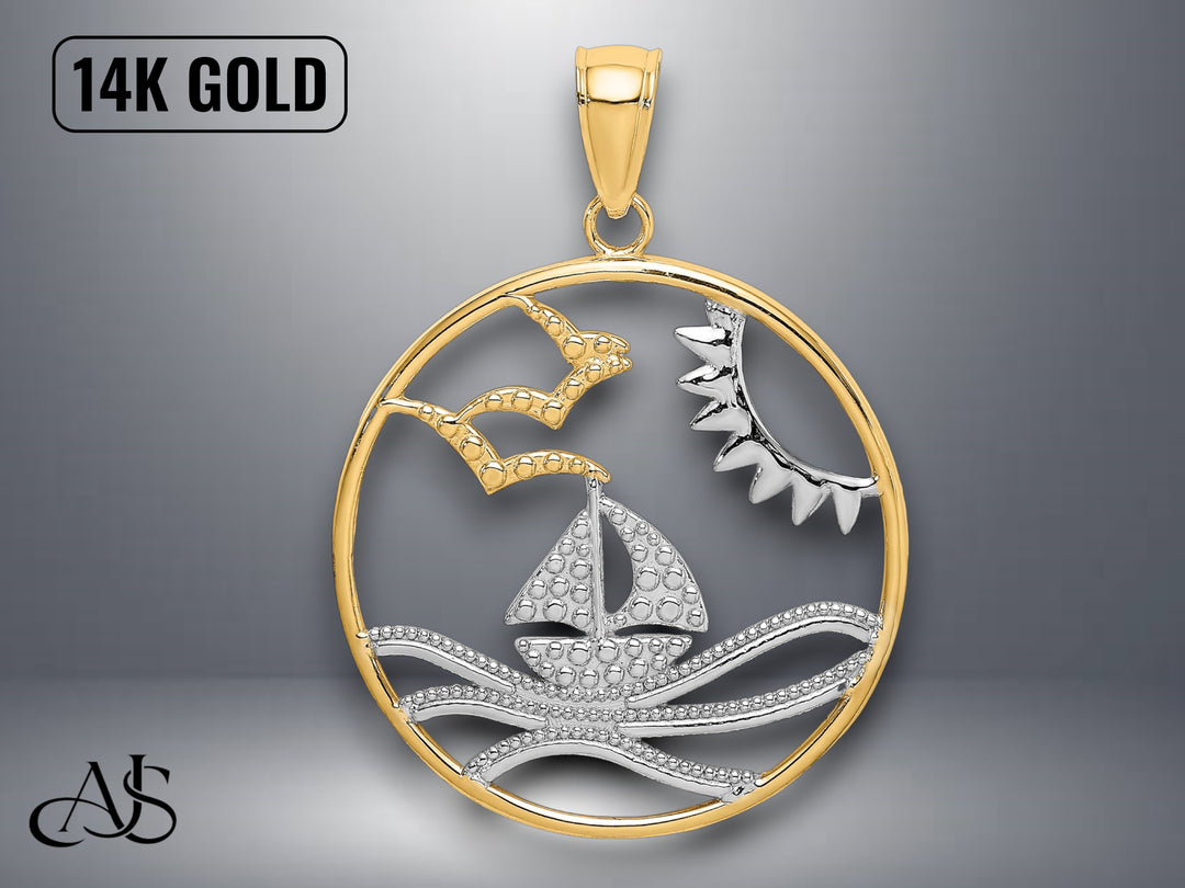 14K Yellow Gold Sun Sailboat Water Seagulls Circle Charm with Necklace Chain Options