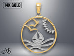 Load image into Gallery viewer, 14K Yellow Gold Sun Sailboat Water Seagulls Circle Charm with Necklace Chain Options
