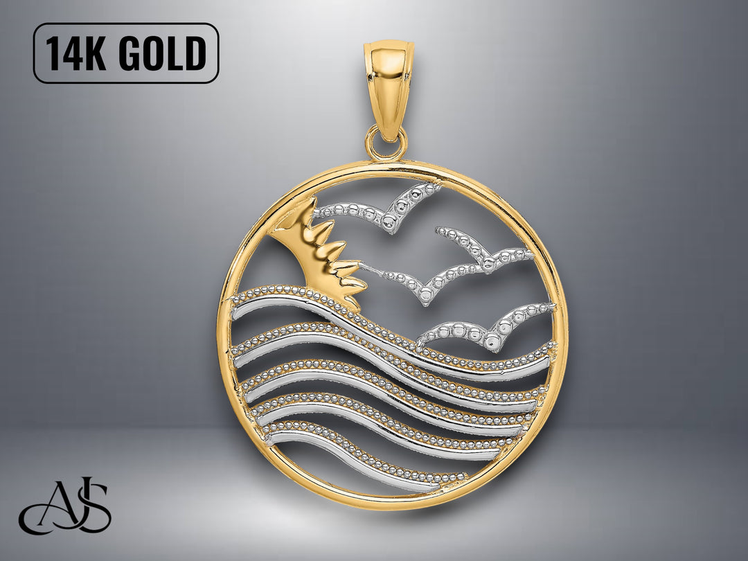 14K Yellow Gold Sunset and Seagulls In Circle Pendant with Necklace Chain Options