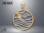Load image into Gallery viewer, 14K Yellow Gold Sunset and Seagulls In Circle Pendant with Necklace Chain Options

