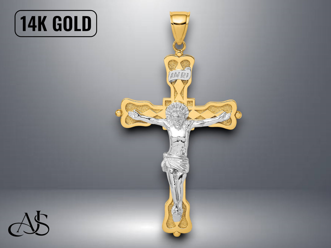 14K Two-Tone Gold INRI Crucfix Pendant with Necklace Chain Options