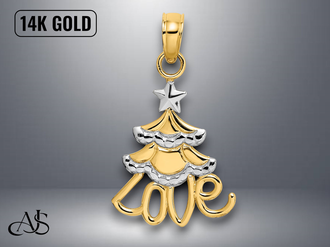 14K Yellow Gold LOVE Christmas Tree Charm with Necklace Chain Options