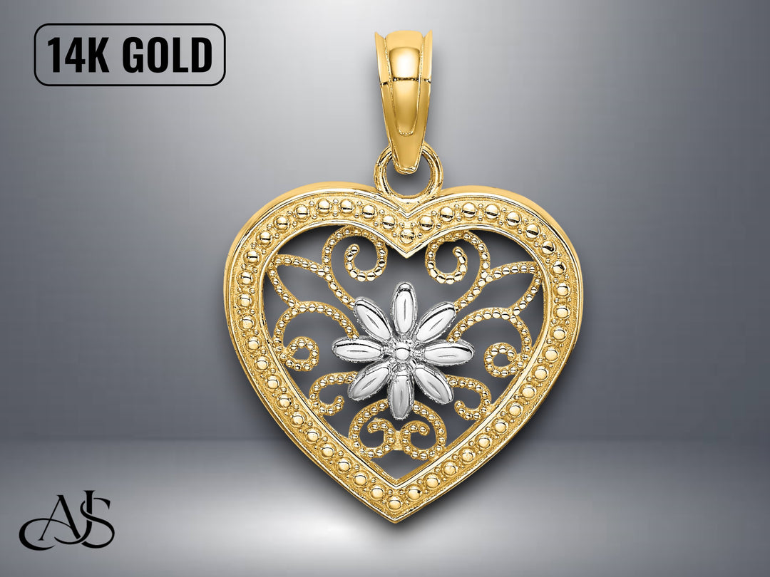 14K Yellow Gold Textured Heart Flower Filigree Charm with Necklace Chain Options