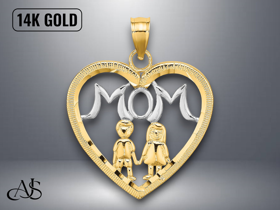 14K Yellow Gold MOM Heart with 2 Kids Charm with Necklace Chain Options