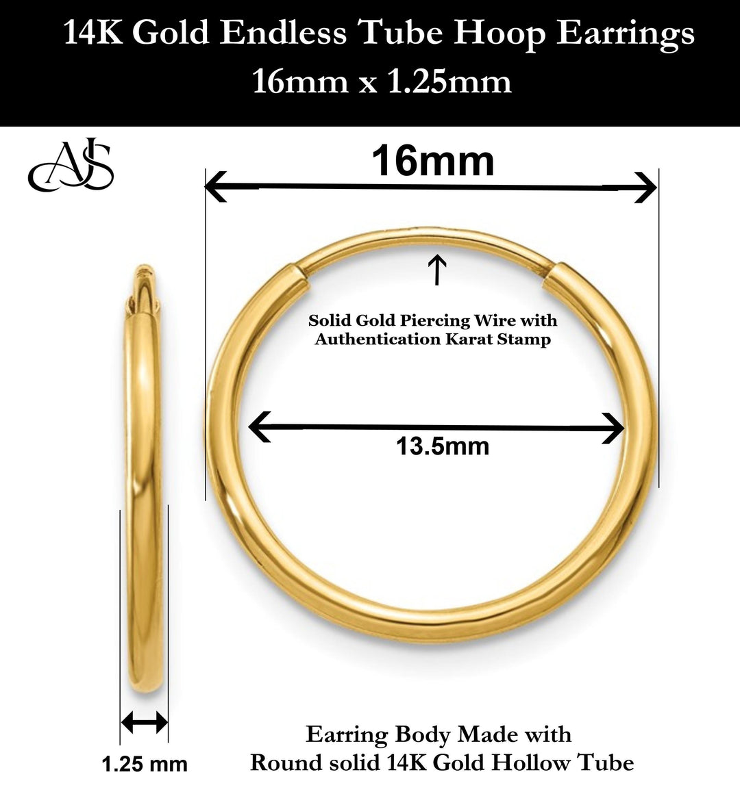 Gold Endless Hoop Earrings 10K and 14K - Extra-Small to Extra-Large Sizes Lightweight Thin 1.25mm
