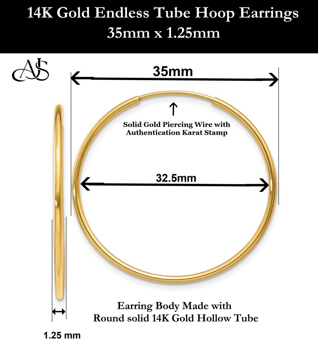 Gold Endless Hoop Earrings 10K and 14K - Extra-Small to Extra-Large Sizes Lightweight Thin 1.25mm