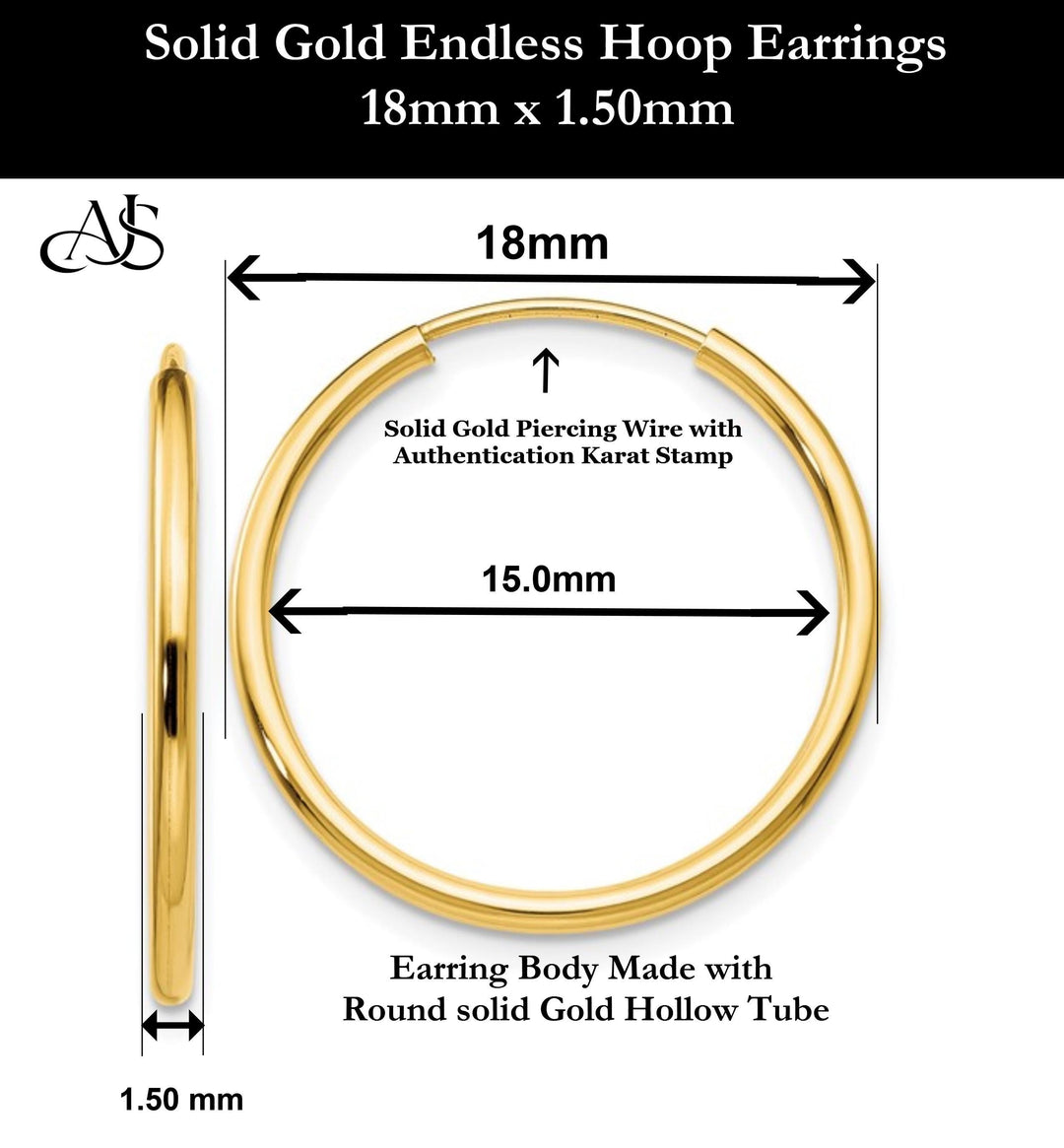 Gold Endless Hoop Earrings 10K and 14K - Extra-Small to Extra-Large Sizes Lightweight Thin 1.50mm