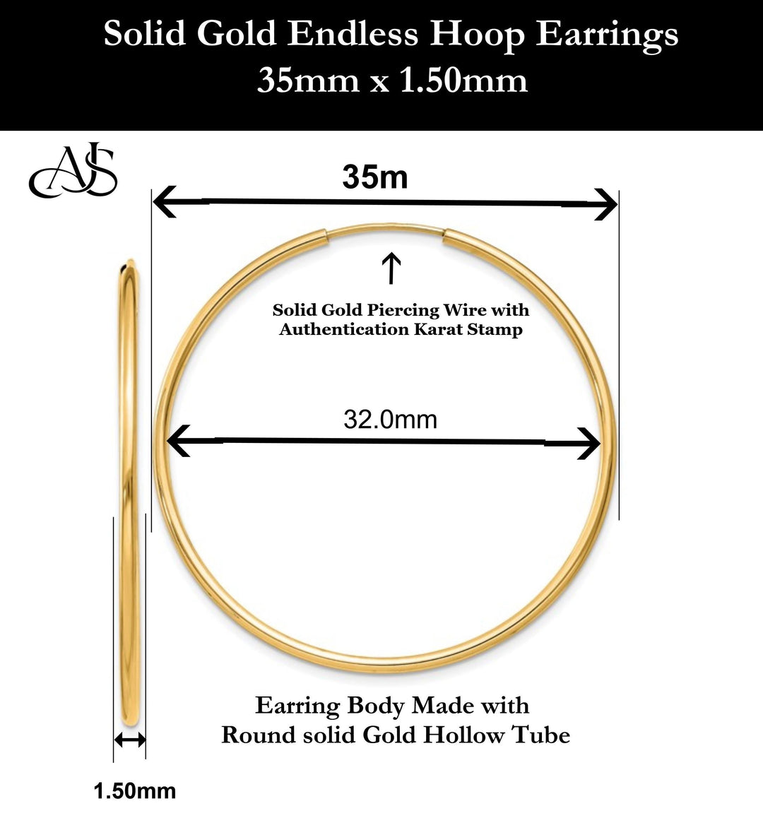Gold Endless Hoop Earrings 10K and 14K - Extra-Small to Extra-Large Sizes Lightweight Thin 1.50mm