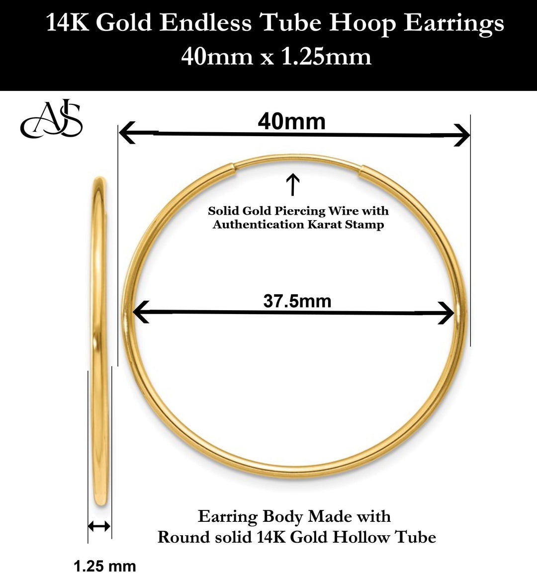 Gold Endless Hoop Earrings 10K and 14K - Extra-Small to Extra-Large Sizes Lightweight Thin 1.25mm