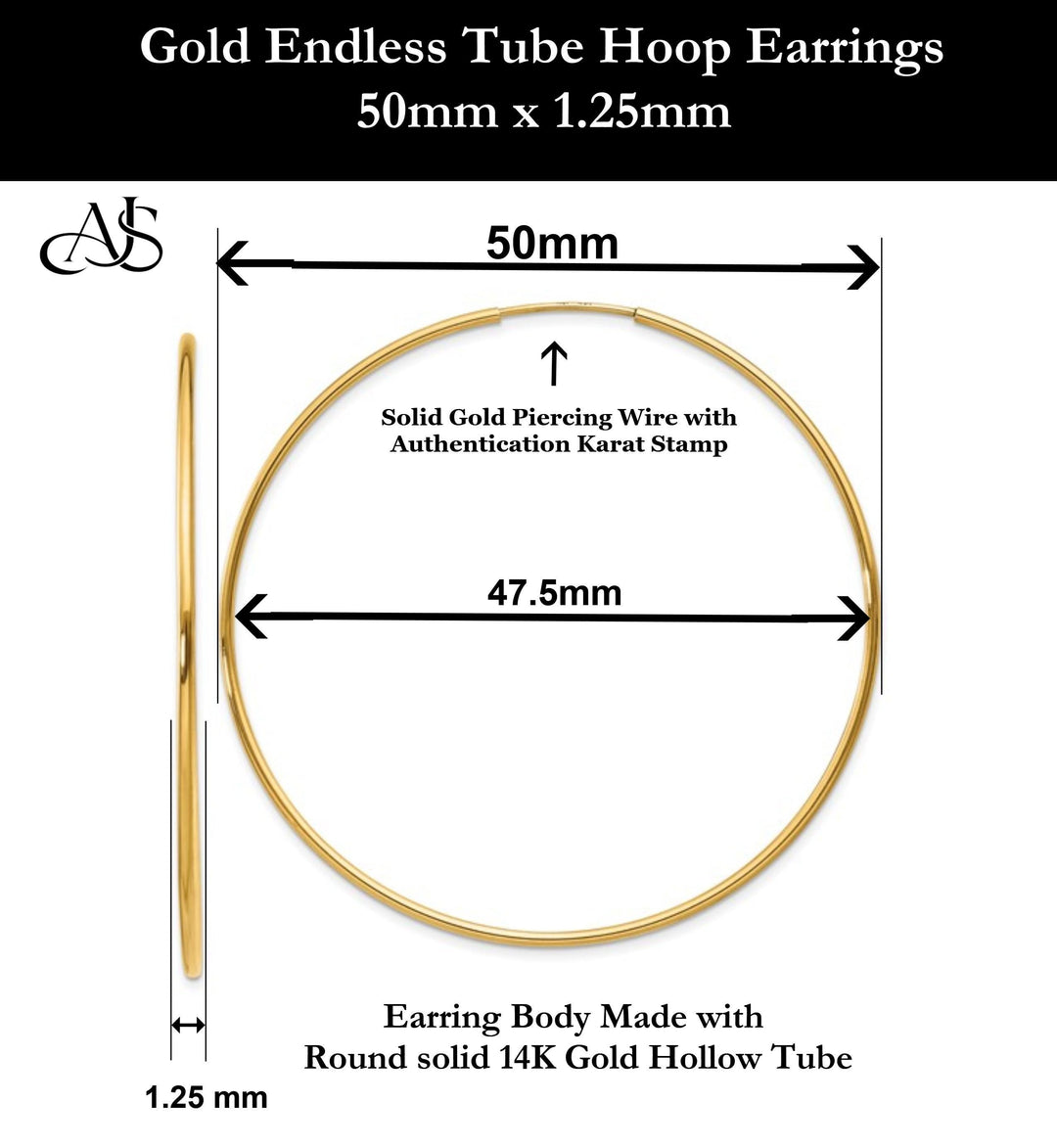 Gold Endless Hoop Earrings 10K and 14K - Extra-Small to Extra-Large Sizes Lightweight Thin 1.25mm