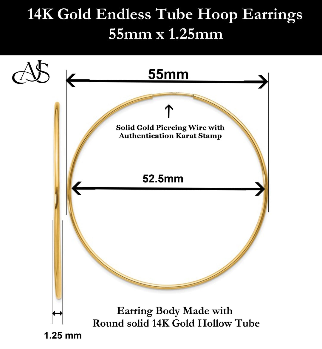 Gold Endless Hoop Earrings 10K and 14K - Extra-Small to Extra-Large Sizes Lightweight Thin 1.25mm