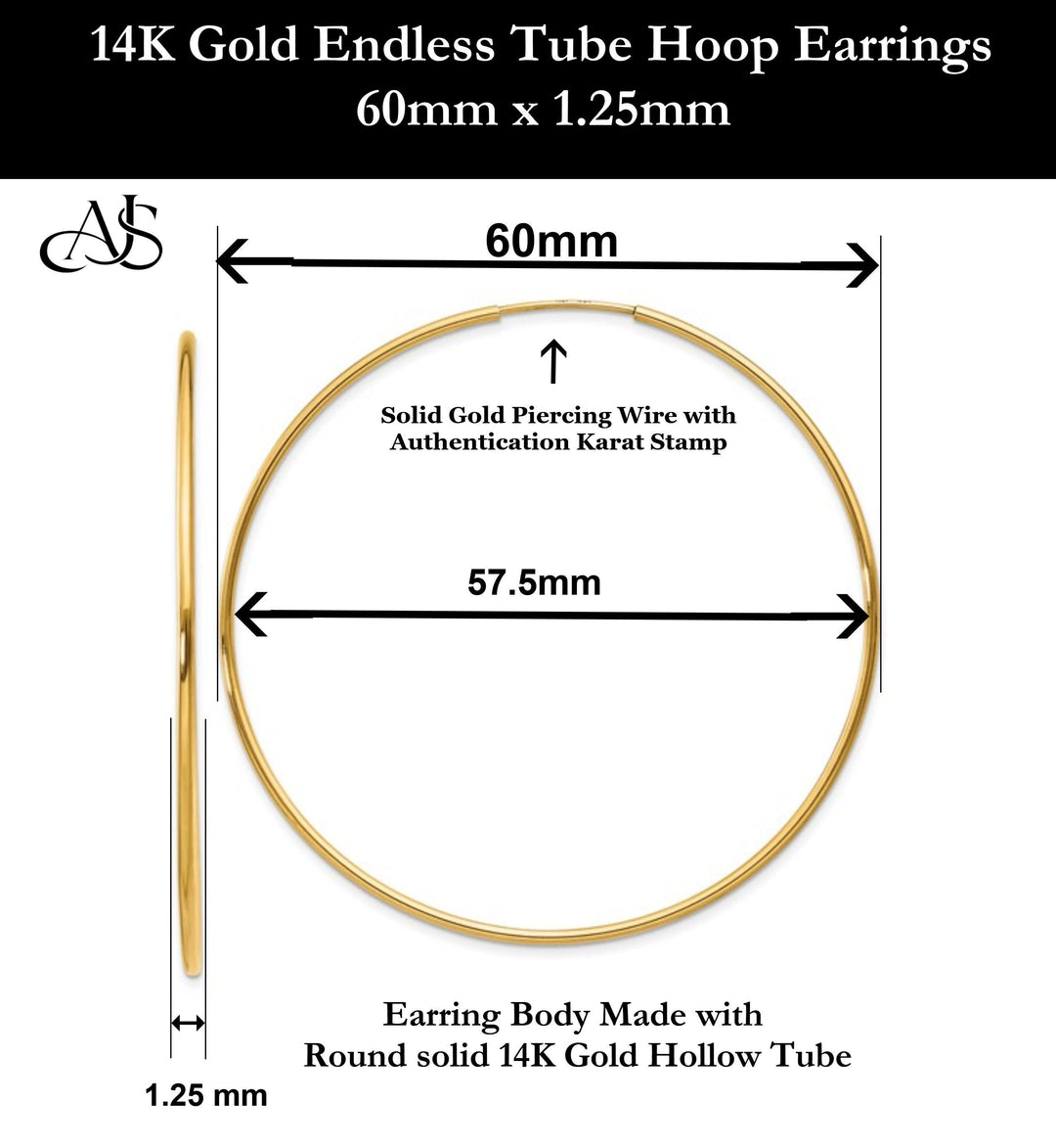 Gold Endless Hoop Earrings 10K and 14K - Extra-Small to Extra-Large Sizes Lightweight Thin 1.25mm