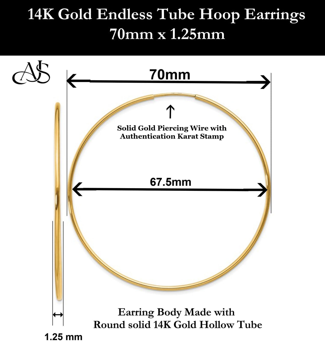 Gold Endless Hoop Earrings 10K and 14K - Extra-Small to Extra-Large Sizes Lightweight Thin 1.25mm