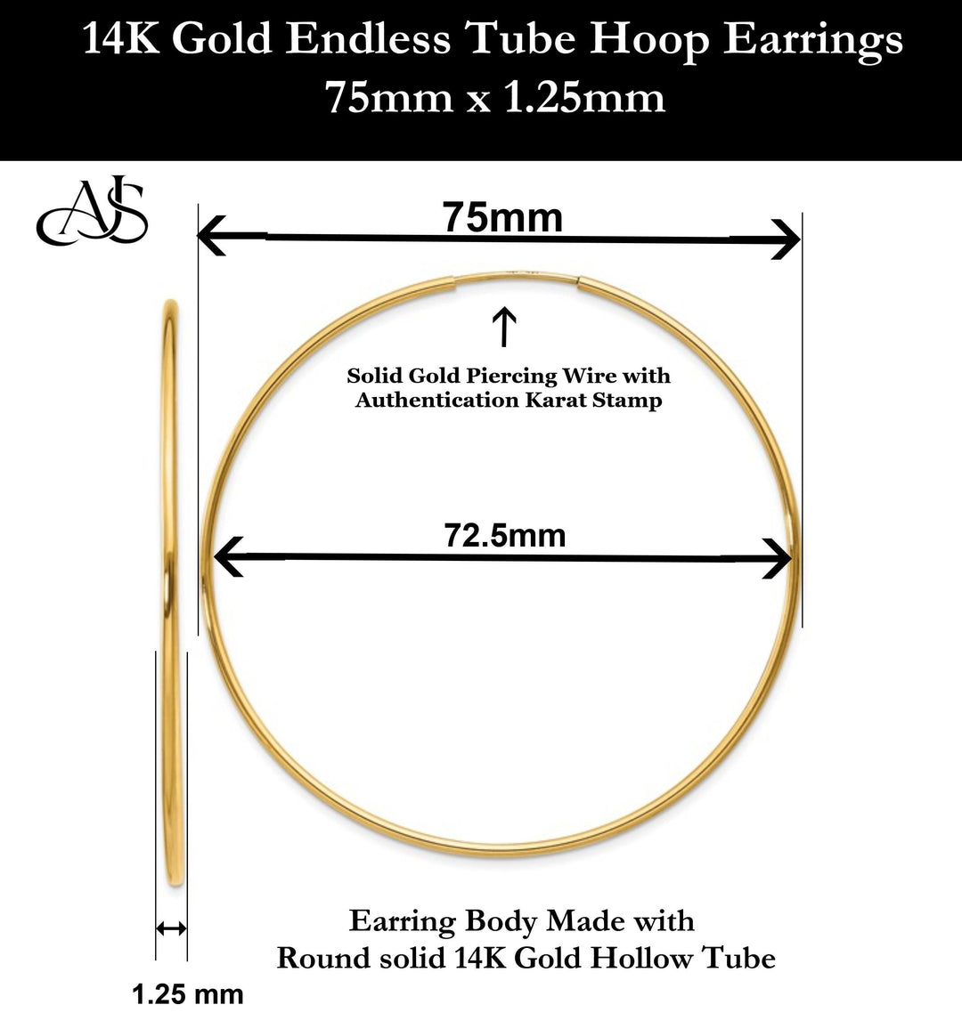 Gold Endless Hoop Earrings 10K and 14K - Extra-Small to Extra-Large Sizes Lightweight Thin 1.25mm