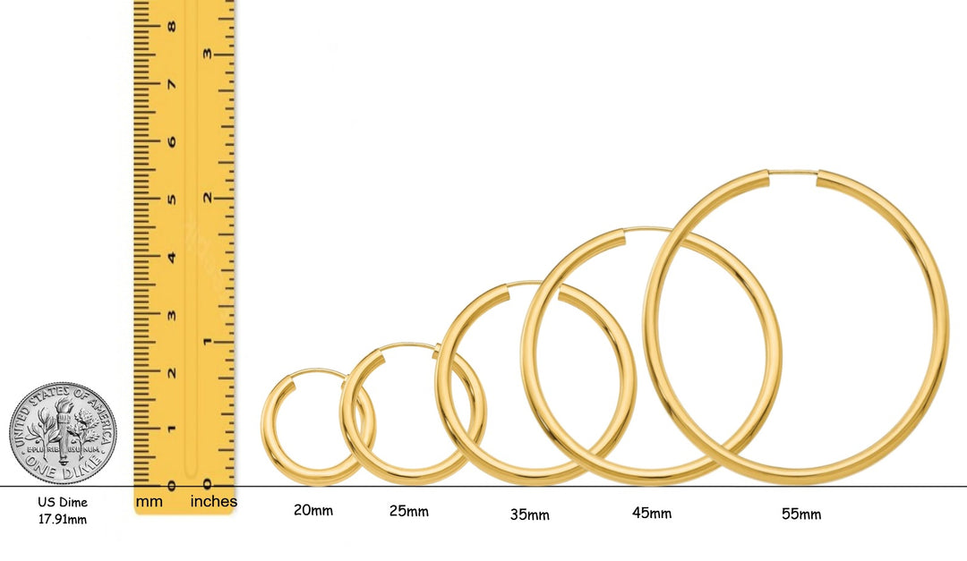 Gold Endless Hoop Earrings 14K - Extra-Small to Extra-Large Sizes Lightweight Thin 3mm