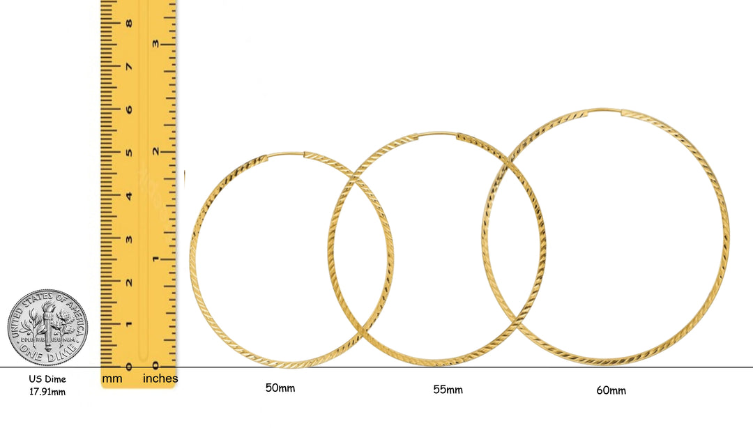 Gold Diamond-cut Square Tube Endless Hoop Earrings 10K and 14K - Lightweight Thin 1.35mm